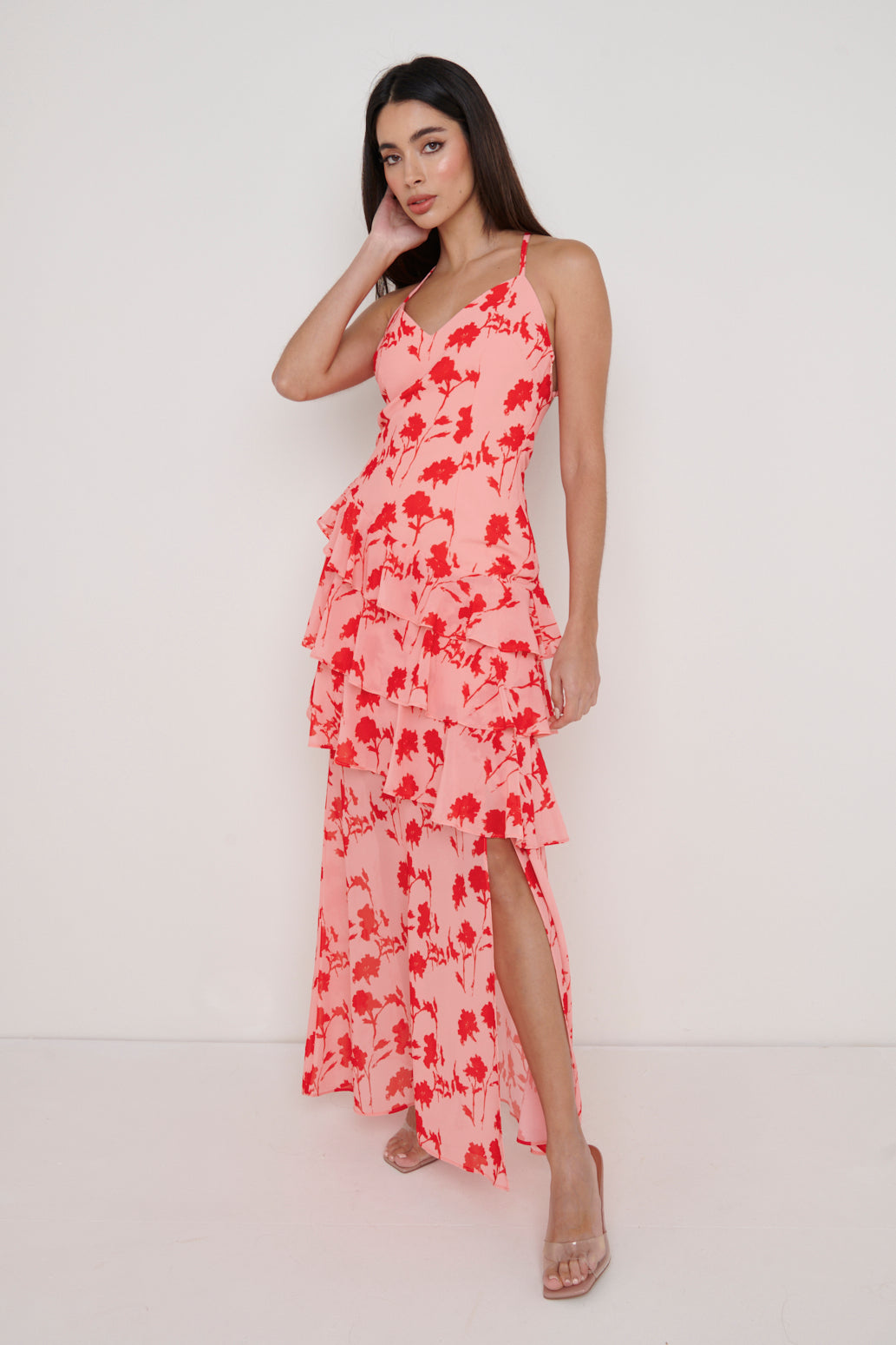 Hettie Asymmetric Ruffle Dress Pink Red Floral