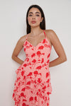 Hettie Asymmetric Ruffle Dress Pink Red Floral