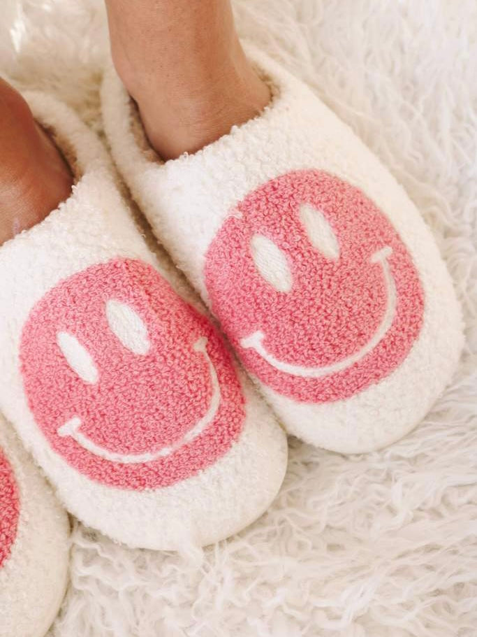 Pink Smiley Face Cream Fluffy Slippers